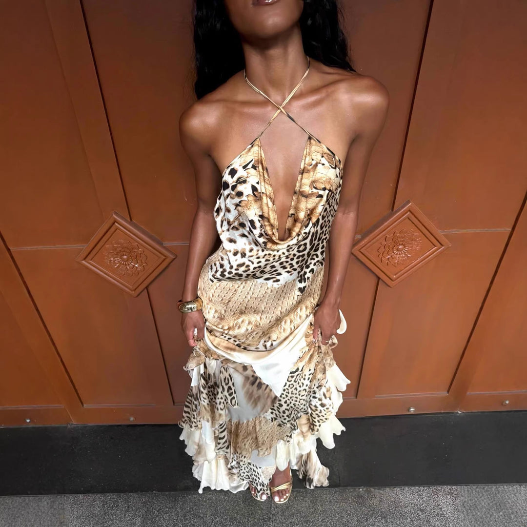 Damen Maxikleid mit tiefem V-Ausschnitt, Rüschensaum und tierischem Muster Drune