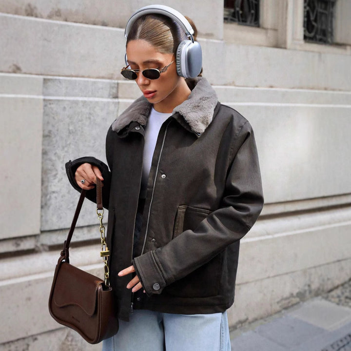 Damen lässige Übergangsjacke mit Kunstfellkragen und praktischen Taschen Drune