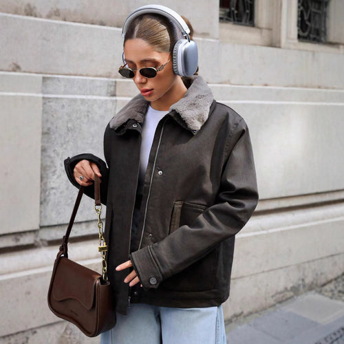 Damen lässige Übergangsjacke mit Kunstfellkragen und praktischen Taschen Drune