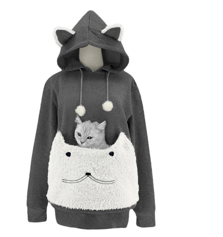 Damen Kuscheliger Kapuzenpullover mit Katzenmotiv und praktischer Känguru-Tasche Drune