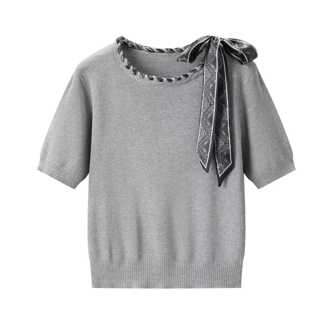 Damen Kurzarmpullover mit dekorativem Halsband und stylischem Schleifendetail Drune