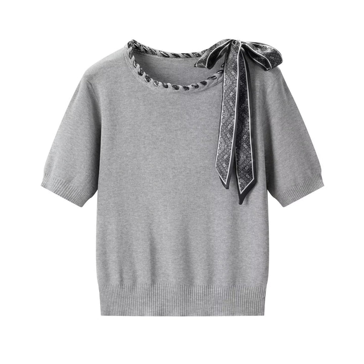 Damen Kurzarmpullover mit dekorativem Halsband und stylischem Schleifendetail Drune