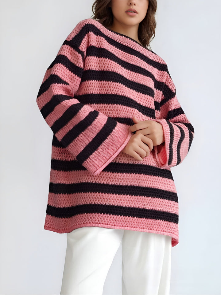 Damen gemütlicher Grobstrickpullover mit modernem Streifenmuster und lässigem Schnitt Drune