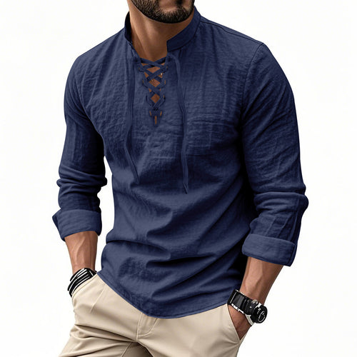 Herren nan Leinenoptik Langarmshirt mit Schnürung V-Ausschnitt und Stehkragen Drune