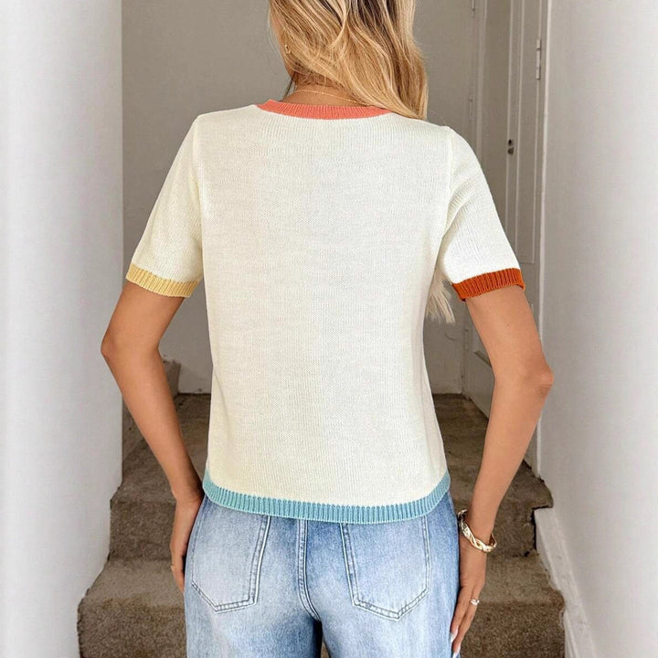 Damen modisches Kurzarm-Strickoberteil mit bunten Akzenten und stylischem Netzmuster Drune
