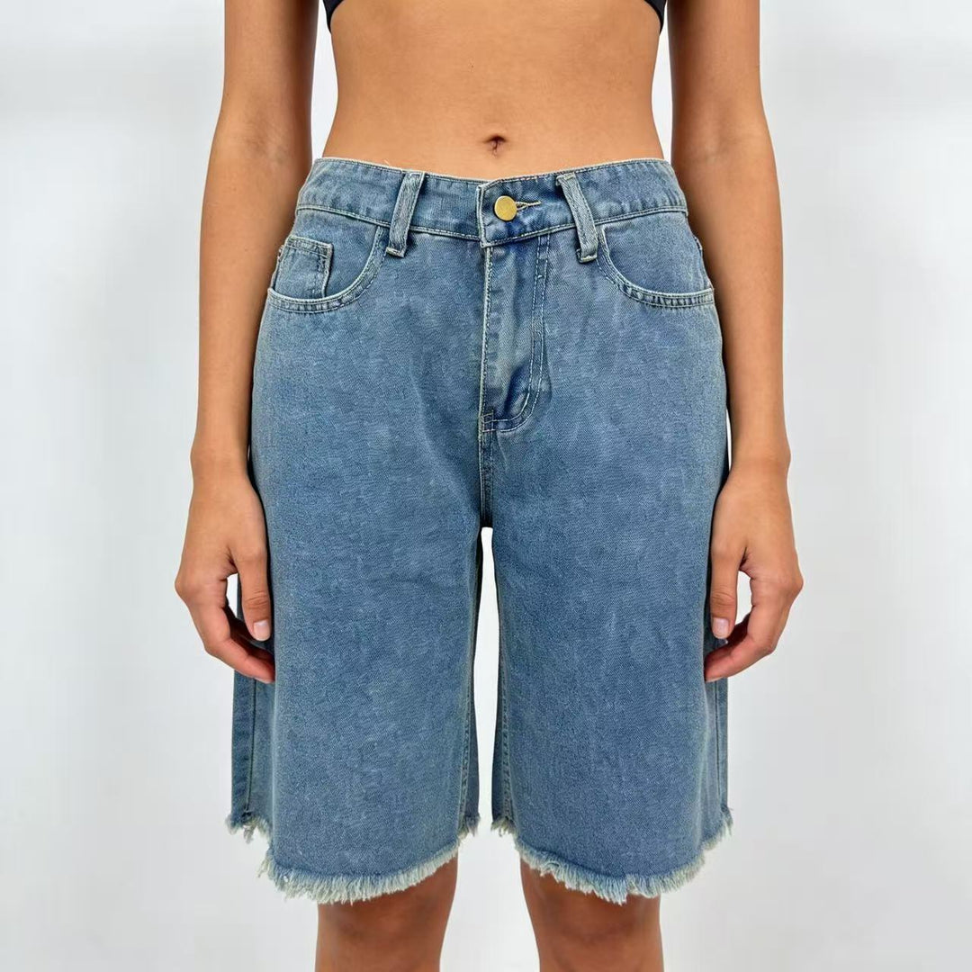 Damen lässige Denim-Shorts mit ausgefransten Säumen und hoher Taille Drune