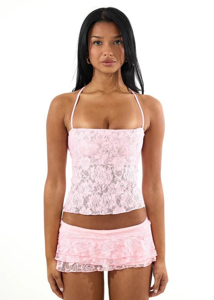 Damen Spaghetti-Träger Crop-Top mit Spitzenmuster Drune