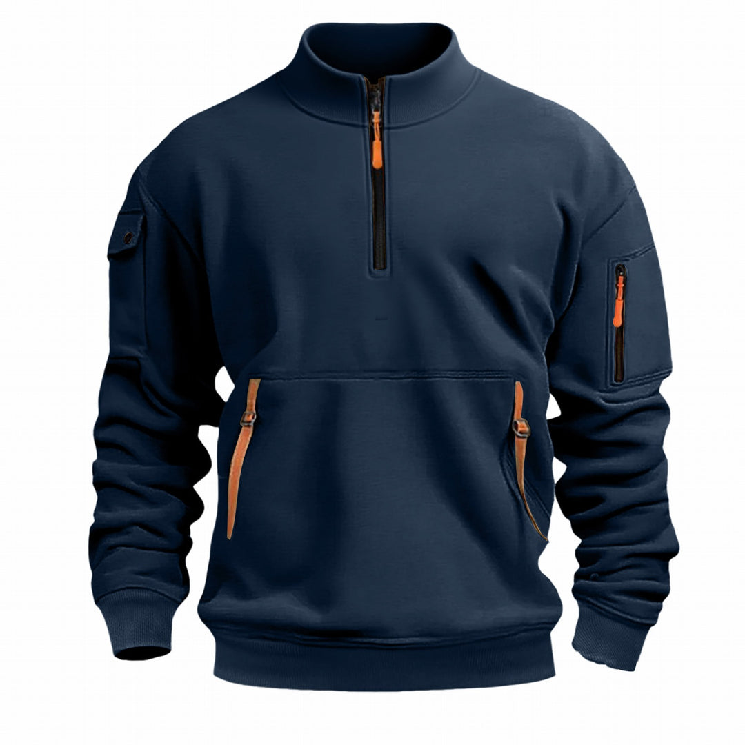 Herren nan Sweatshirt mit Stehkragen, halbem Reißverschluss, Kängurutasche und Ärmeltasche Drune