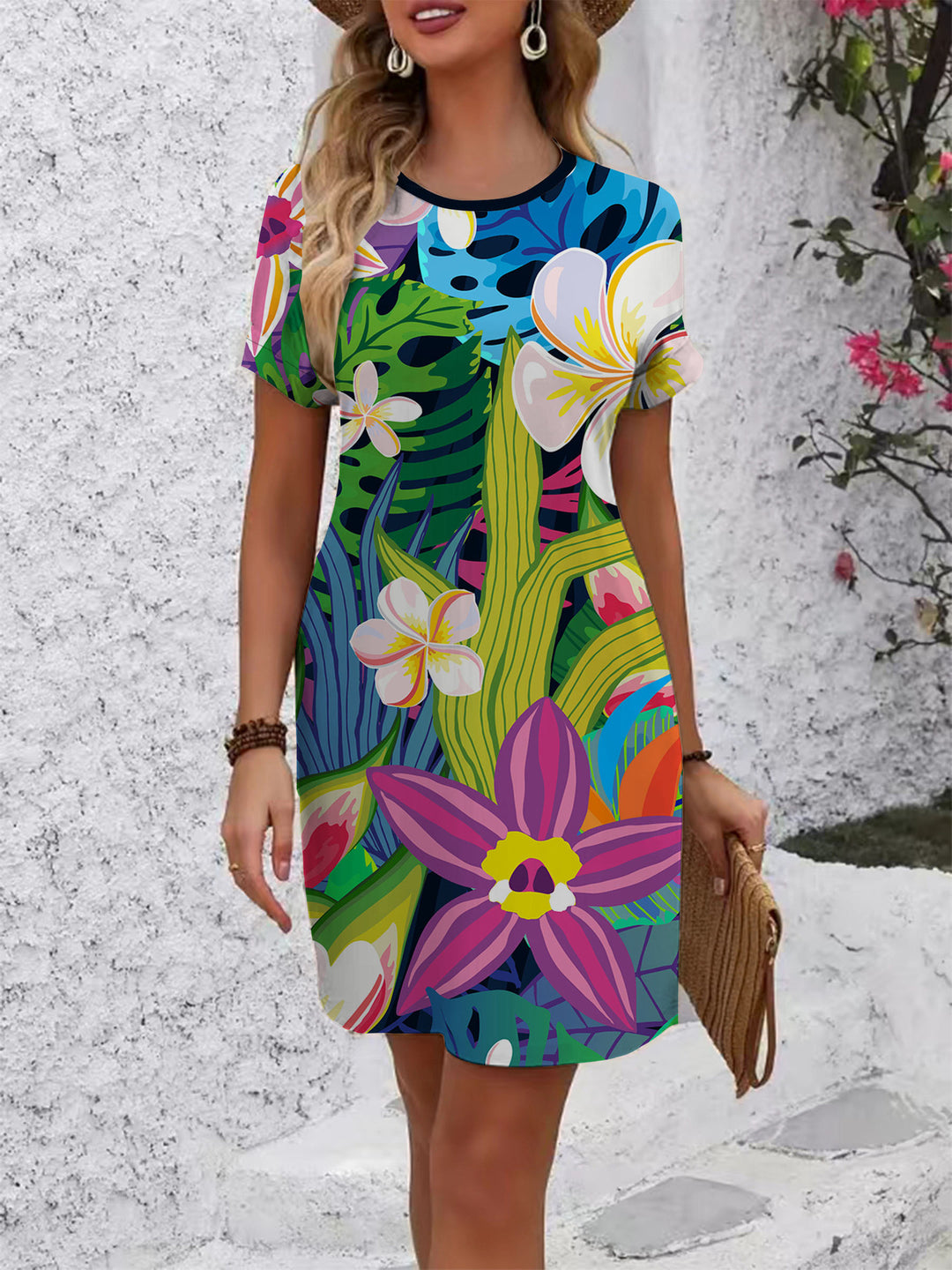 Damen Kurzarm Kleid mit botanischem Druck Drune