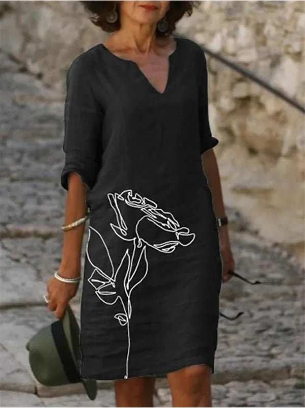 Damen Freizeitkleid mit floralem Design und V-Ausschnitt Drune