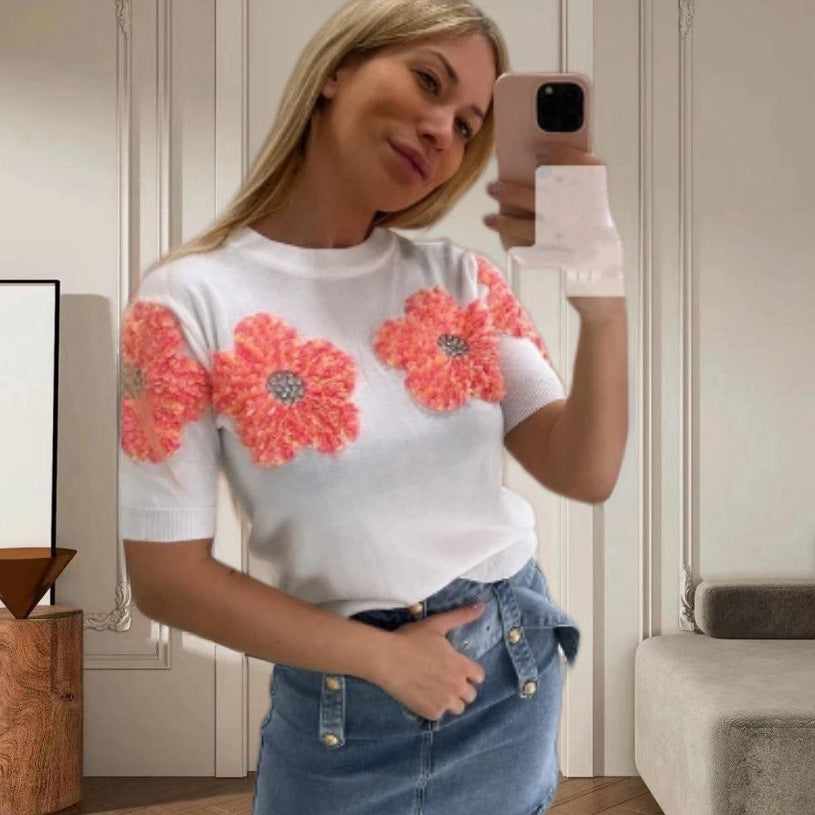 Damen Modischer Strickpullover mit floralen Applikationen Drune
