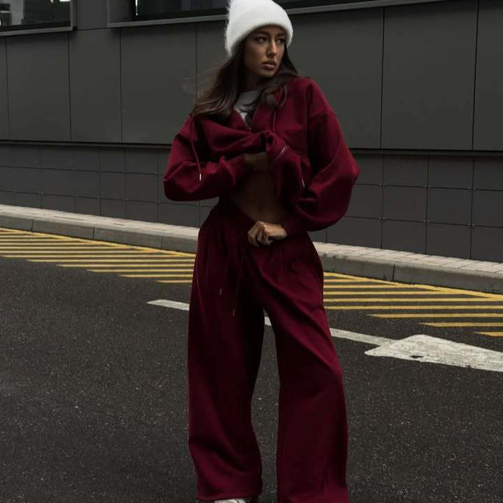 Damen nan weites Lounge-Set mit Zip-Hoodie, Kängurutasche und extraweiter Highwaist-Jogginghose Drune