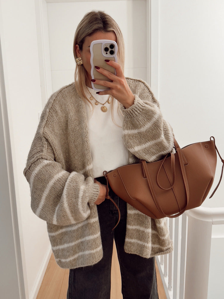 Damen Oversize Strickjacke mit gestreiftem Design und voluminösen Ärmeln Drune