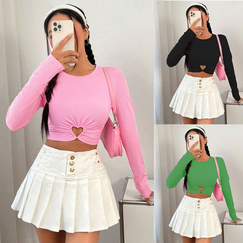Damen Cropped Longsleeve mit Herz-Ausschnitt und eleganter Raffung Drune