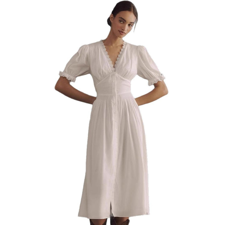 Damen elegantes Midi-Kleid mit Puffärmeln und Knopfleiste Drune