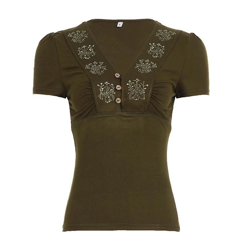 Damen Kurzarmshirt mit dekorativen Knopf- und Stickdetails Drune