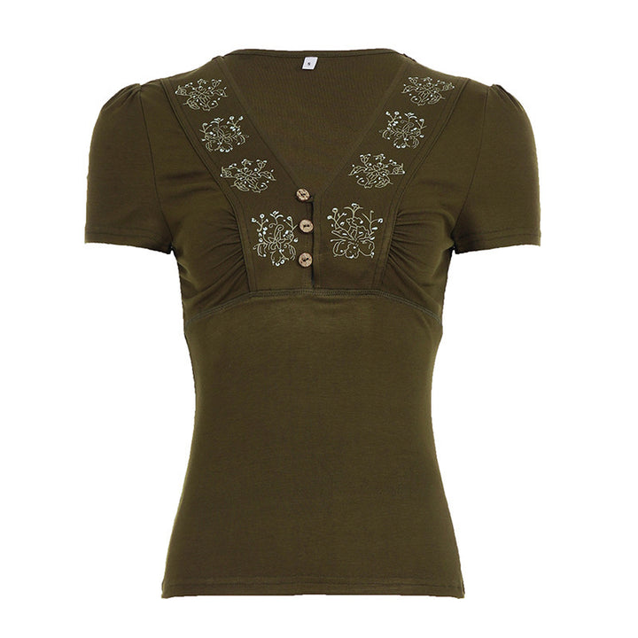 Damen Kurzarmshirt mit dekorativen Knopf- und Stickdetails Drune