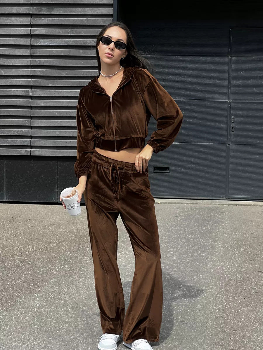 Damen Velours-Loungewear-Anzug mit Kapuze und weitem Schnitt Drune