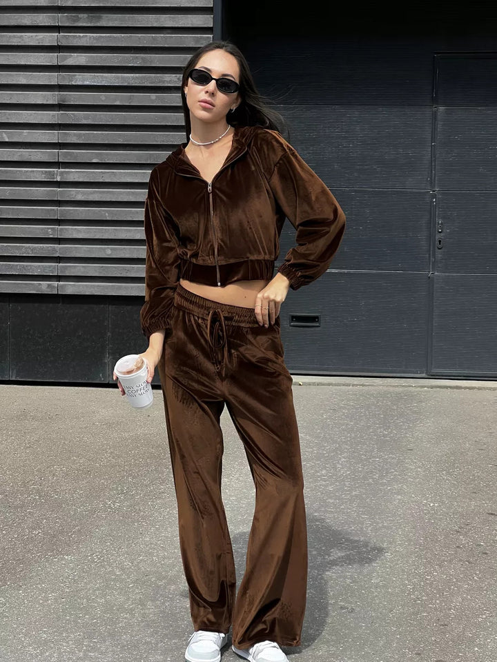 Damen Velours-Loungewear-Anzug mit Kapuze und weitem Schnitt Drune