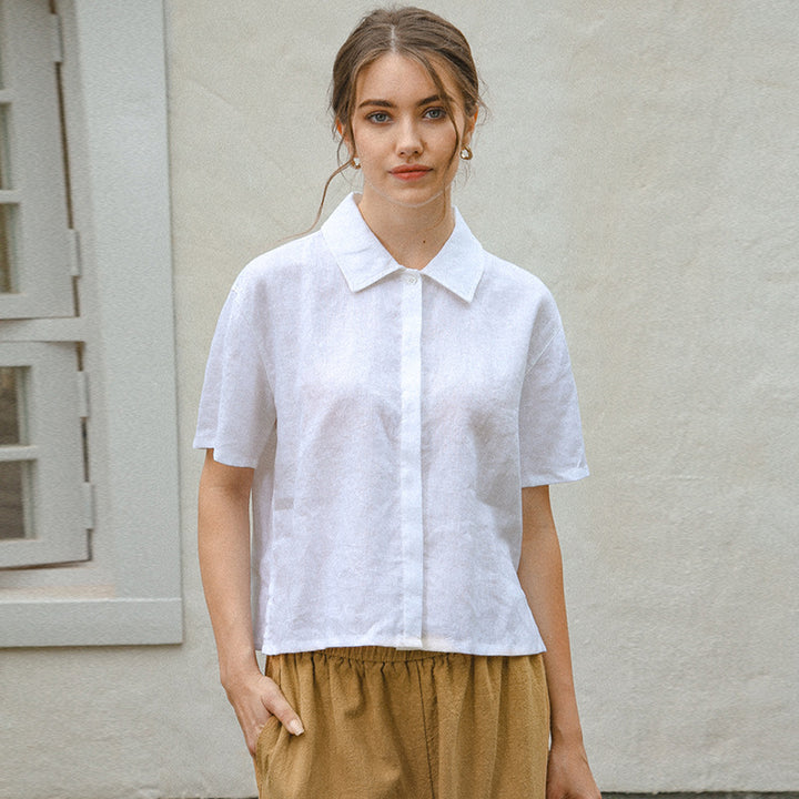 Damen Kurzärmlige Leinenbluse mit klassischem Kragen und lässigem Schnitt Drune