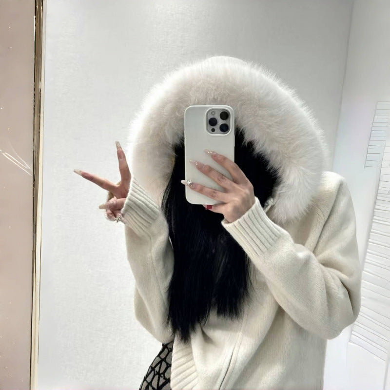 Damen Kapuzenpullover mit luxuriösem Pelzkragen und praktischen Taschen Drune