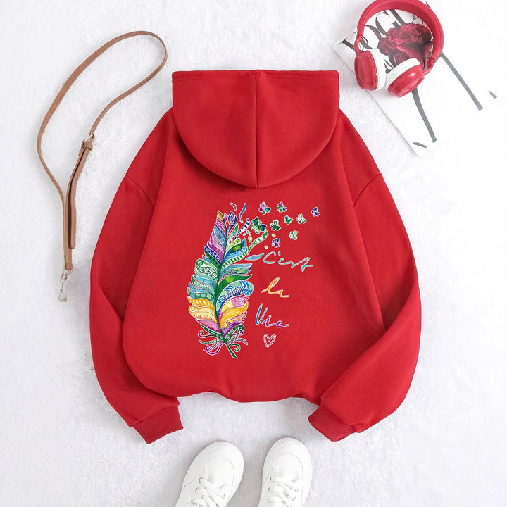Damen lässiger Kapuzenpullover mit buntem Federdesign und inspirierendem Schriftzug Drune