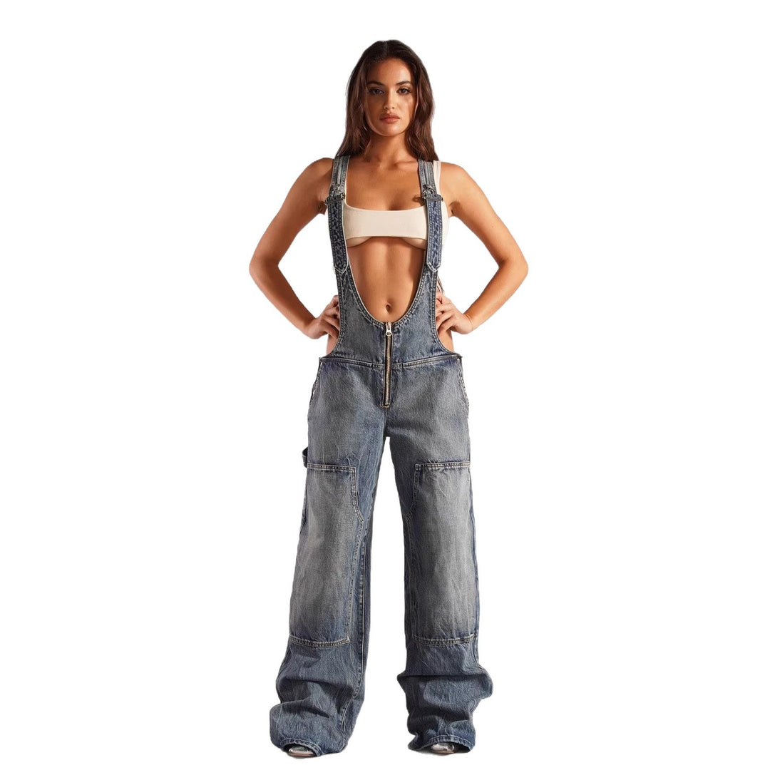 Damen lässige Denim-Latzhose mit oversized Schnitt und praktischen Taschen Drune