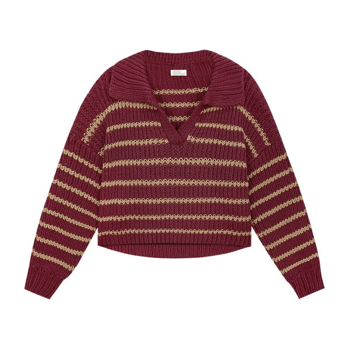 Damen Strickpullover mit lässigem Kragen und attraktiven Streifen Drune