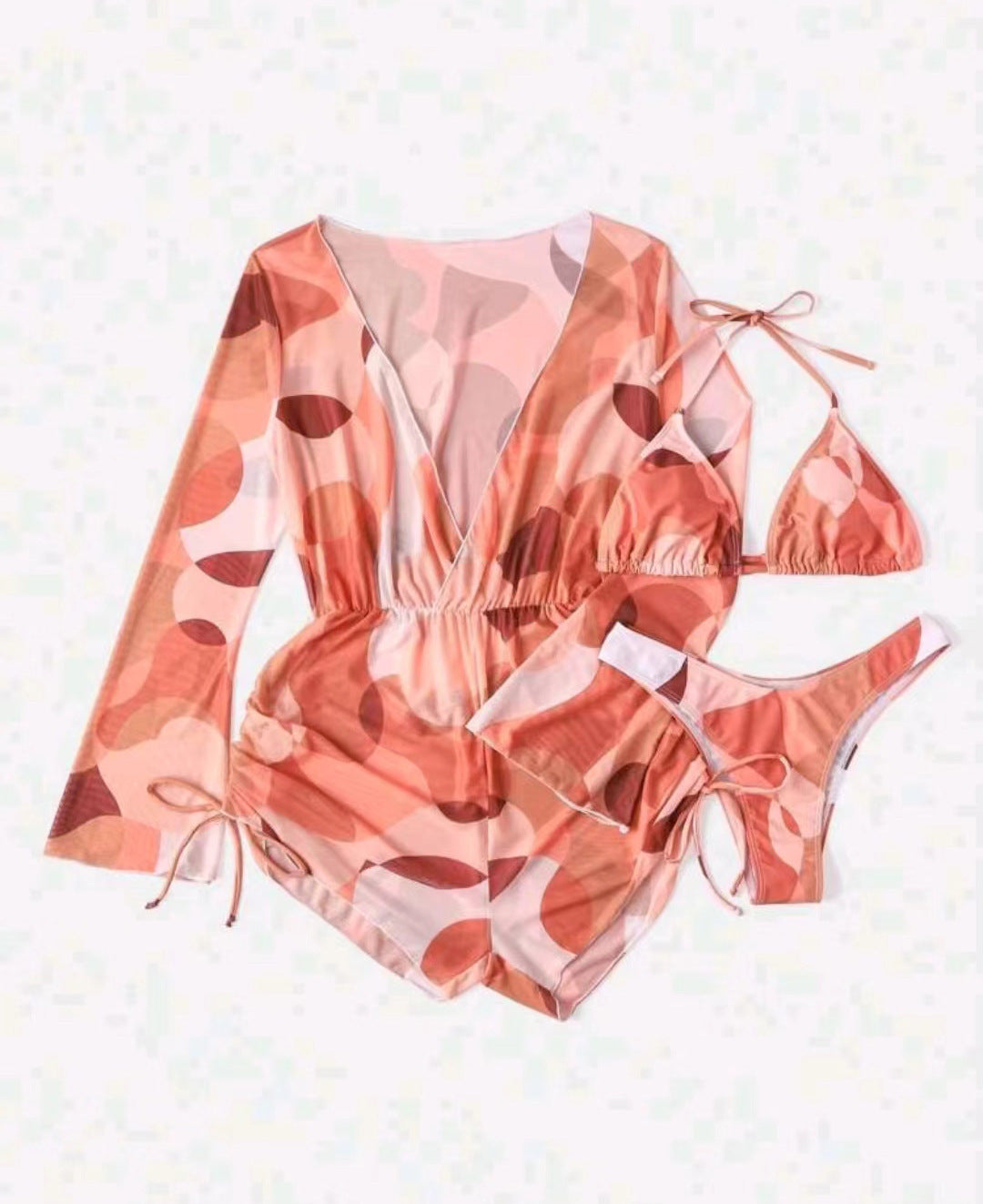 Damen Strand-Outfit mit langärmliger Überbluse und Bikini Drune