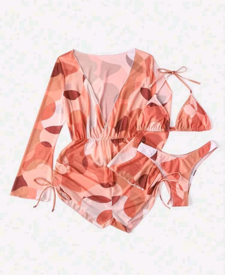 Damen Strand-Outfit mit langärmliger Überbluse und Bikini Drune