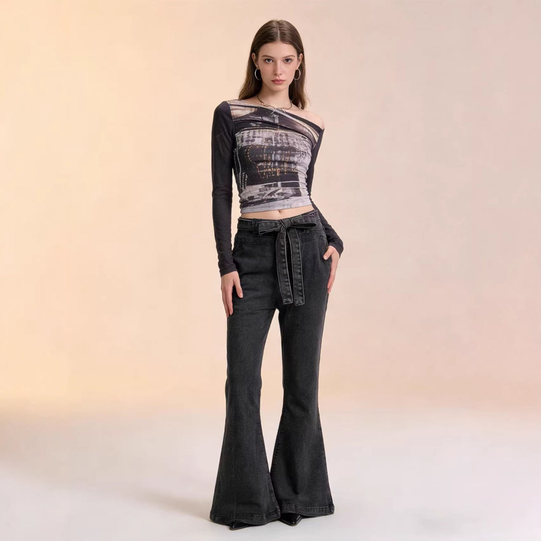 Damen nan High‑Waist Denimhose mit Schleifenbund, hoher Taille und weitem Schlag Drune