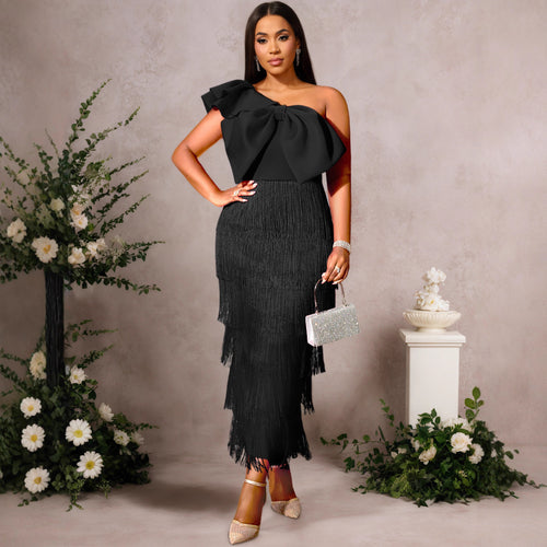Damen elegantes Kleid mit voluminösem Rüschenelement und Fransen Drune