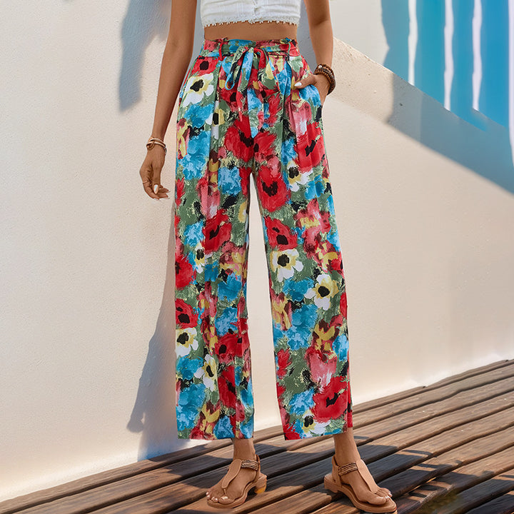 Damen weite Hose mit floralem Mustermix und elastischem Taillenzug Drune