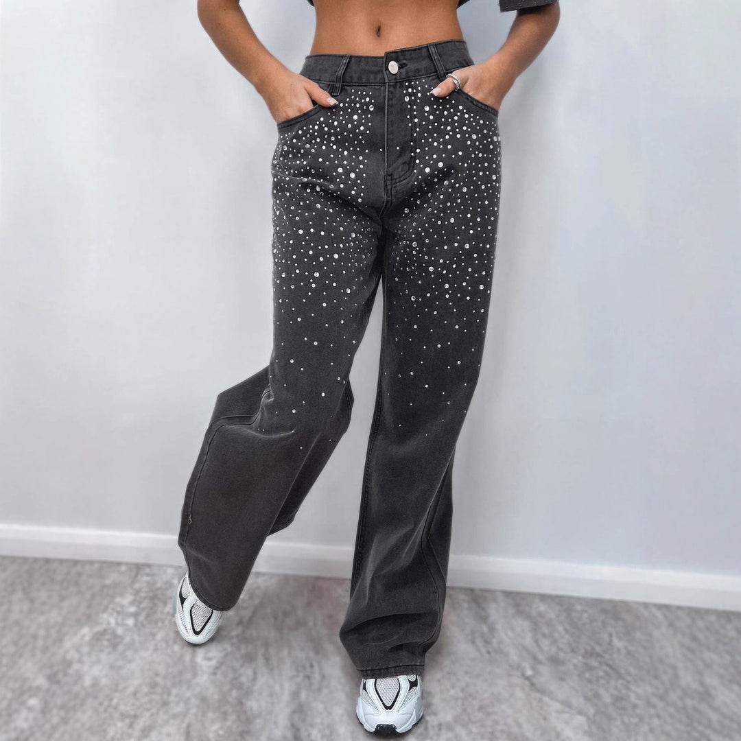 Damen elegante High-Waist Jeans mit funkelnden Details Drune