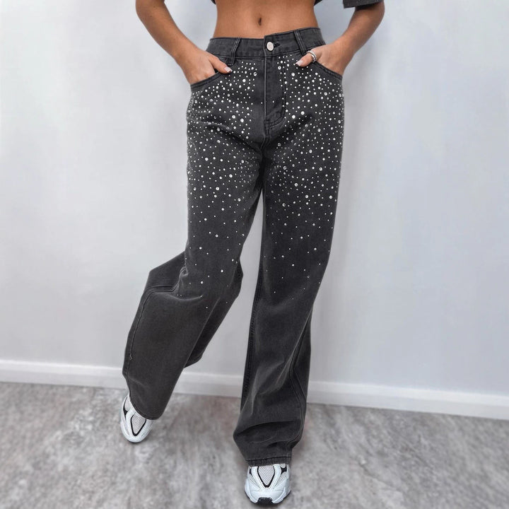 Damen elegante High-Waist Jeans mit funkelnden Details Drune