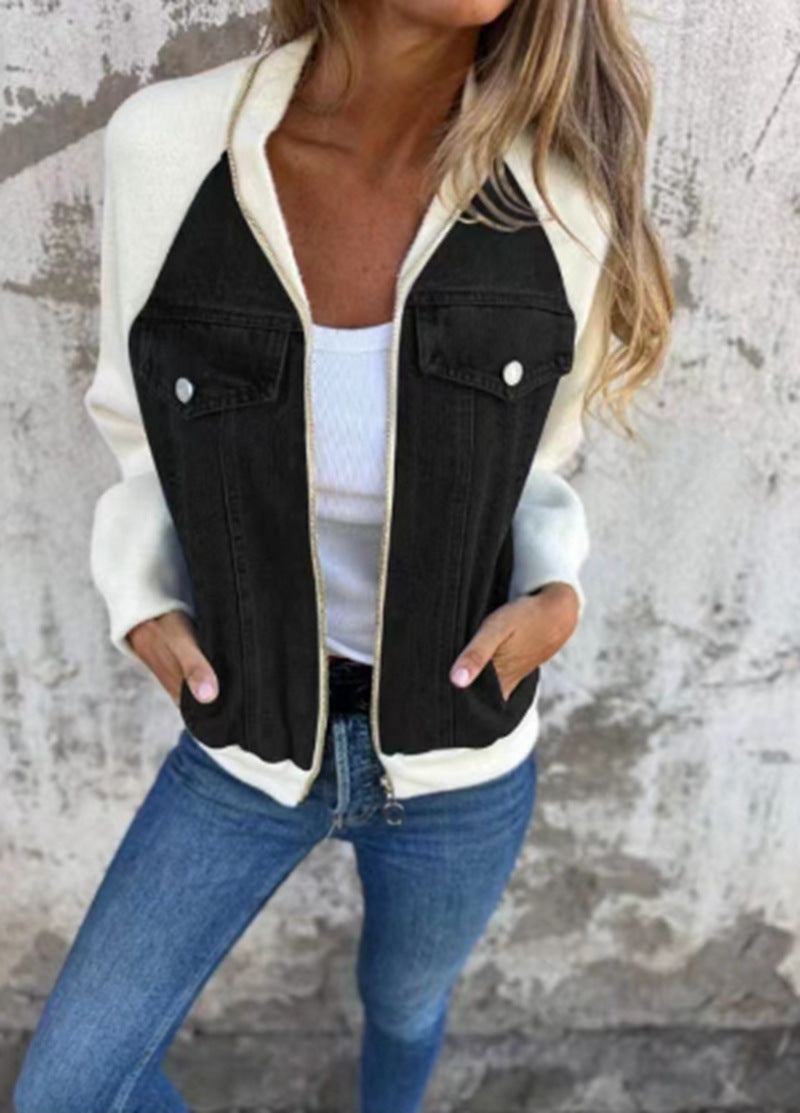 Damen Denim-Jacke mit kontrastfarbenen Ärmeln und praktischen Taschen Drune