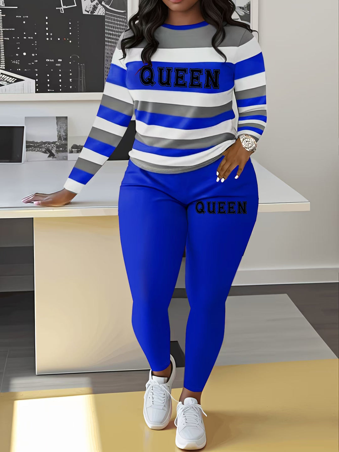 Damen Sportliches Zweiteiler-Set mit gestreiftem Oberteil und leggings Drune