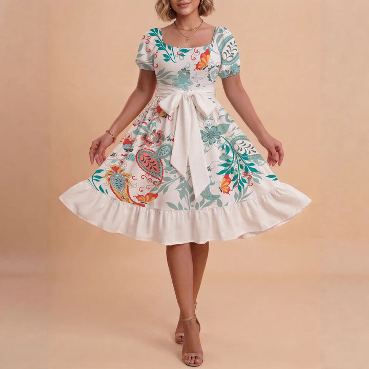 Damen elegantes Maxikleid mit floralem Design und Taillengürtel Drune
