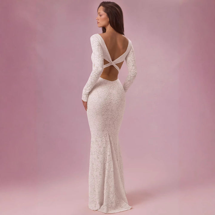 Damen Elegantes Spitzen-Maxikleid mit taillierter Silhouette und langem Arm Drune