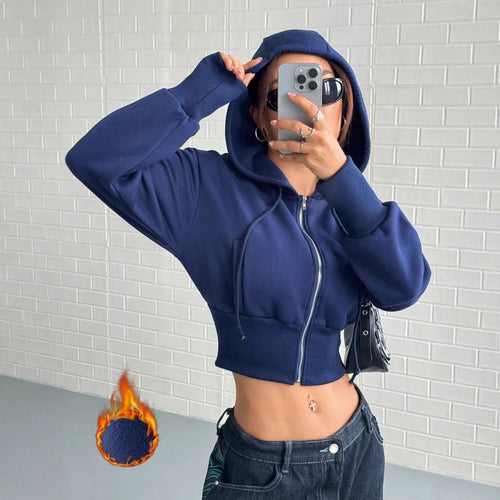 Damen cropped Kapuzenpullover mit Reißverschluss und breiten Ärmeln Drune
