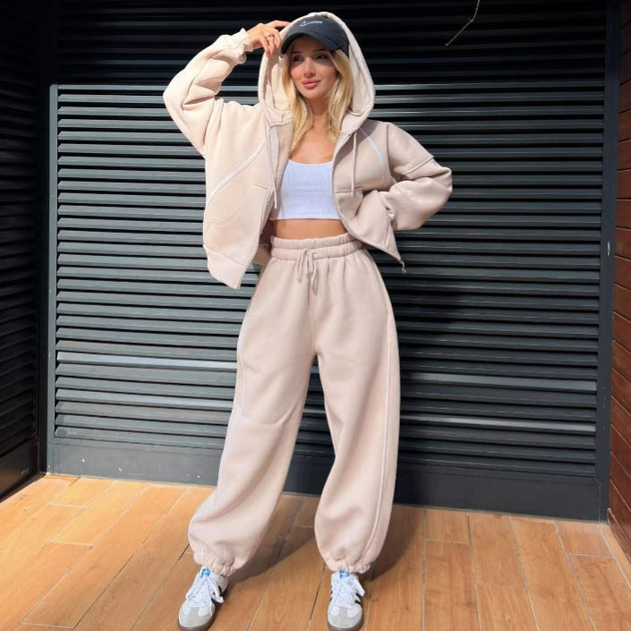 Damen nan kurzes Zip-Hoodie und Highwaist Jogginghose Set mit elastischem Komfortbund und seitlicher Paspel Drune