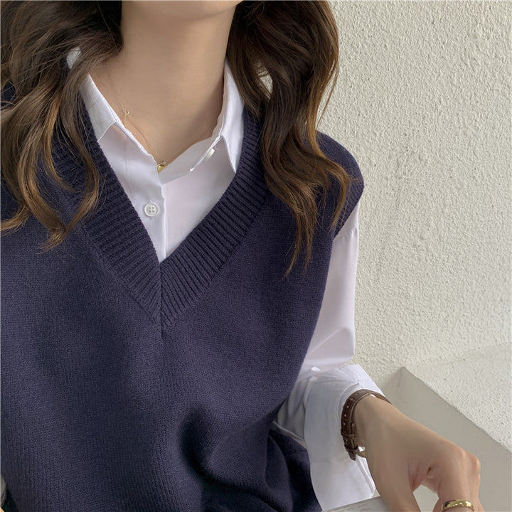 Damen Ärmellose Strickweste mit V-Ausschnitt und Rippdetails Drune