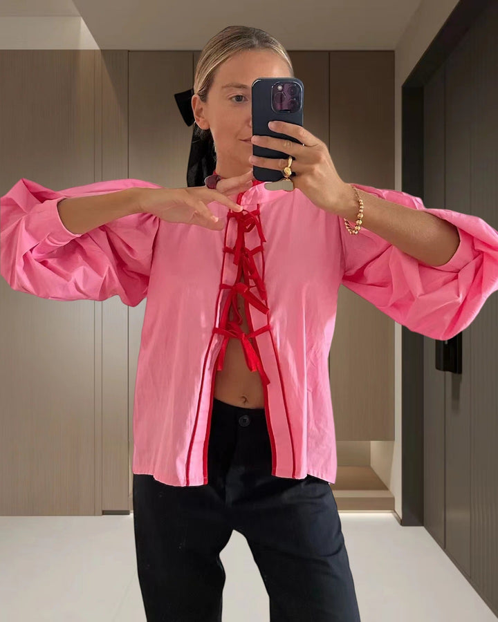 Damen modische Bluse mit Kordelzug und Puffärmeln Drune
