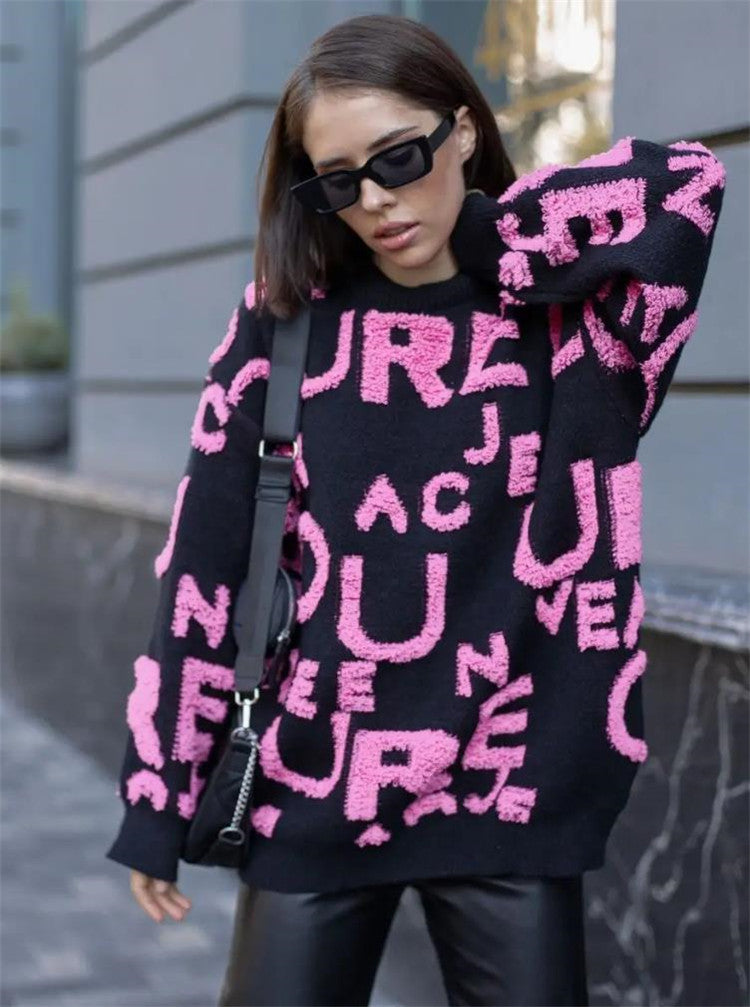 Damen übergroßer Pullover mit auffälligem Schriftzug und weichem Material Drune