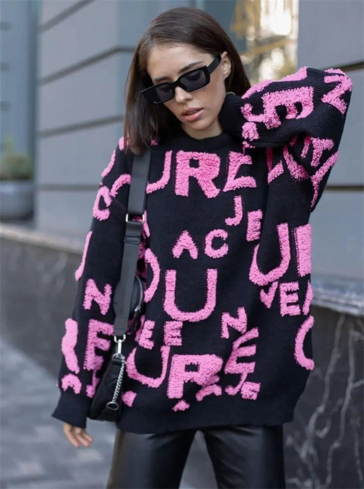 Damen übergroßer Pullover mit auffälligem Schriftzug und weichem Material Drune