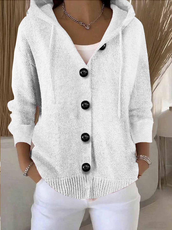 Damen lässige Strickjacke mit Kapuze und großen Knöpfen Drune