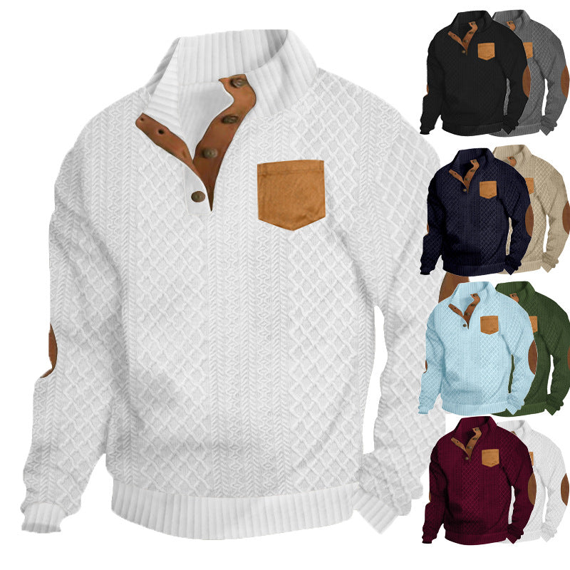 Herren nan Zopfmuster-Strickpullover mit Stehkragen Knopfleiste aufgesetzter Brusttasche und Lederoptik-Ellenbogenpatches Drune
