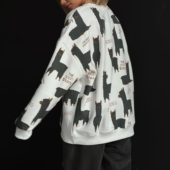 Damen lässiger Sweatshirt mit kreativem Lama-Motiv Drune