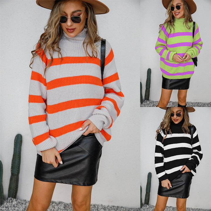Damen lässiger Rollkragenpullover mit modischem Streifenmustern und oversized Passform Drune