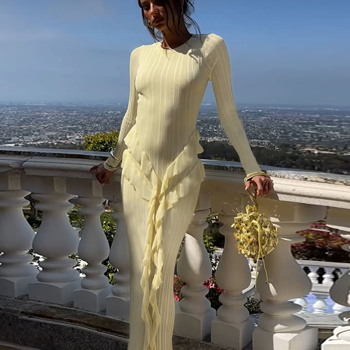 Damen Langärmliges Rüschenkleid aus feinem Strickstoff Drune